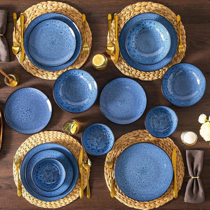 Steingut Geschirrset 24 Teile für 6 Personen, blau, modern