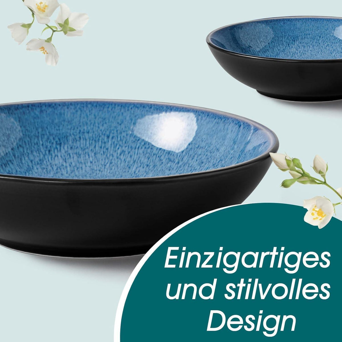 Steingut Geschirrset 24tlg für 6 Personen, Blau, Mediterranes Design
