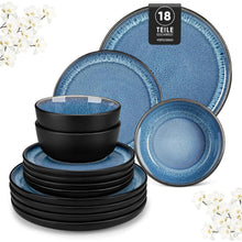 Steingut Geschirrset 18tlg für 6 Personen, Blau, Mediterranes Design