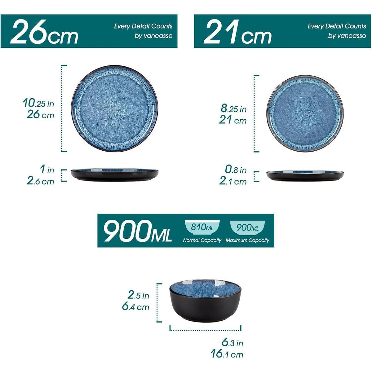 Steingut Geschirrset 18tlg für 6 Personen, Blau, Mediterranes Design