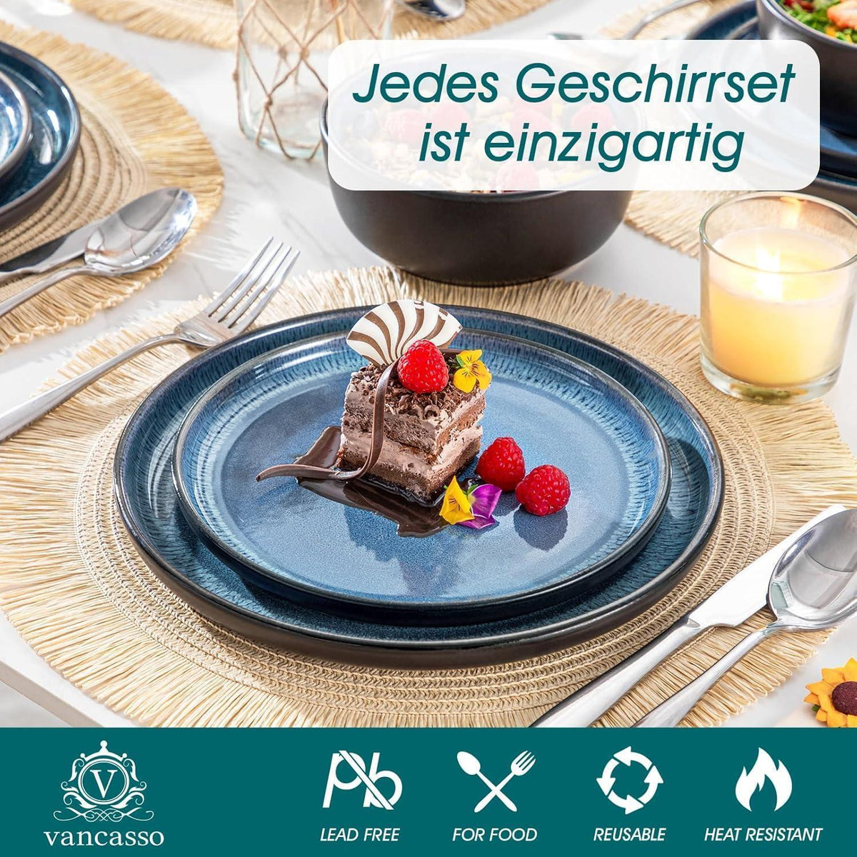 Steingut Geschirrset 18tlg für 6 Personen, Blau, Mediterranes Design