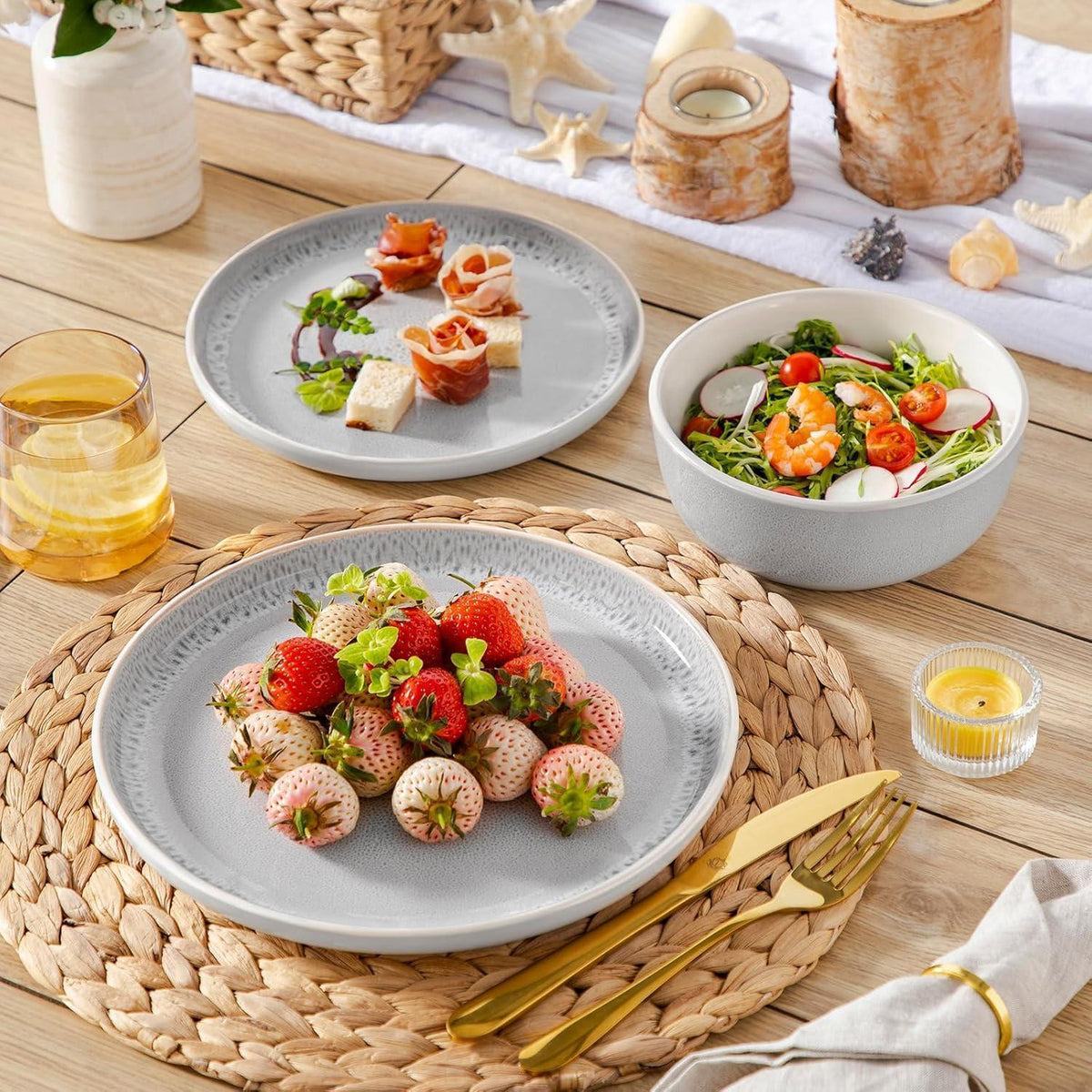 Steingut Geschirrset 36tlg für 12 Personen, Beige