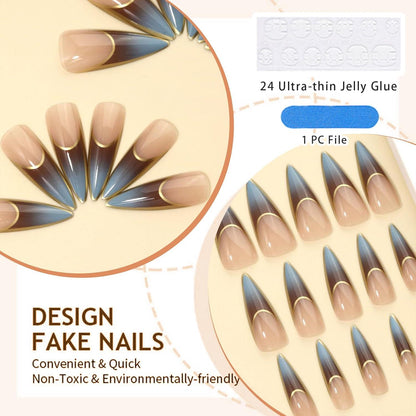 24er Set Langer Stiletto Press on Nagel French Tip Braun