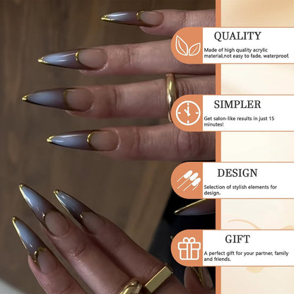 Lang Stiletto Press on Nägel, Französische Spitze Braun Ombré, Chrom Gel, Mandelform, 24 Stück