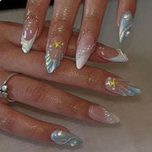 24er Set Mandel Falsche Nägel 3D Designs Weiß Blau Französische Spitze