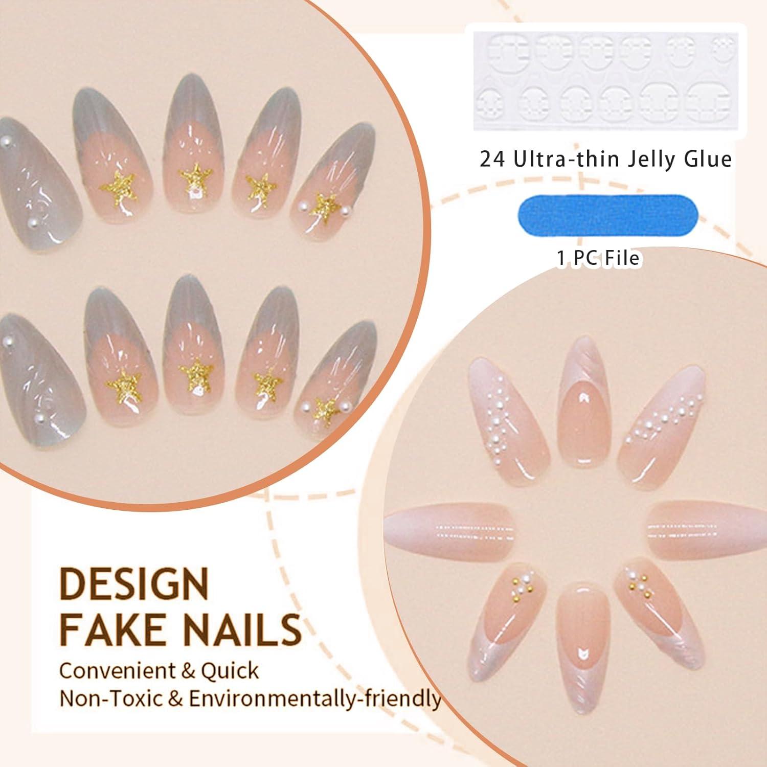 24er Set Mandel Falsche Nägel 3D Designs Weiß Blau Französische Spitze