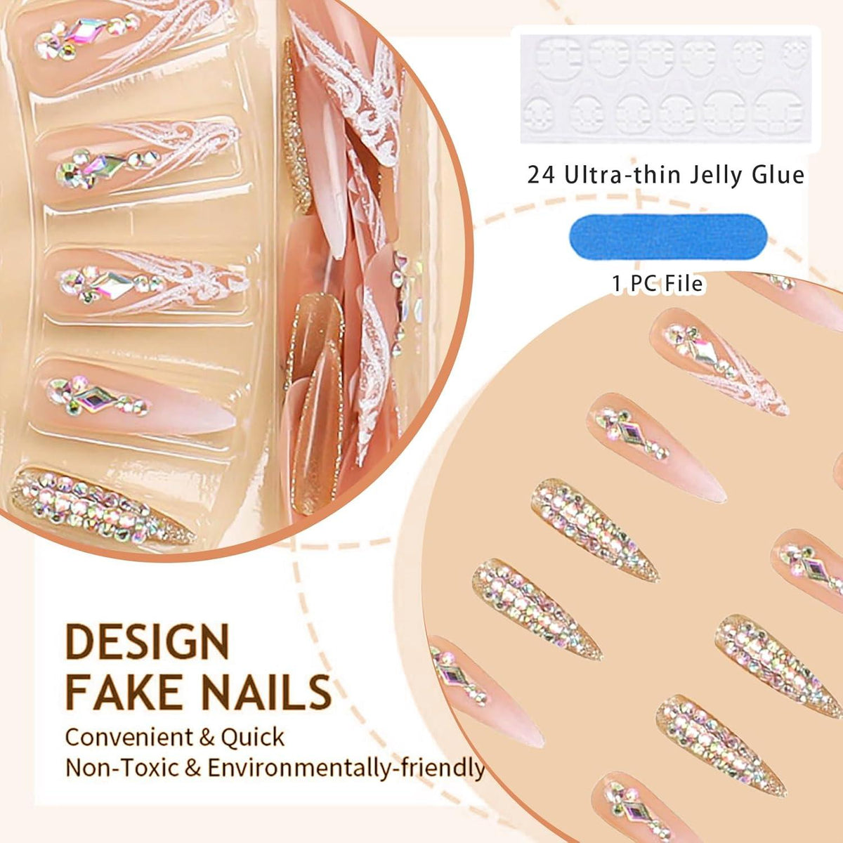 Stiletto Press on Nails Falsche Nägel Handverarbeitet Rhinestones