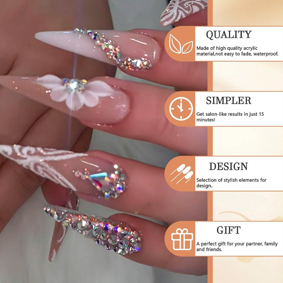 Stiletto Press on Nails Weiß Ombré Rhinestones Glitzer 24 Stück