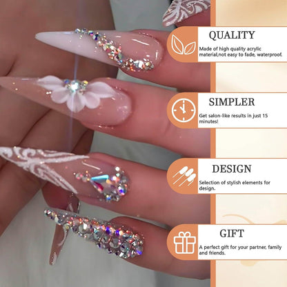 Stiletto Press on Nails Weiß Ombré Rhinestones Glitzer 24 Stück