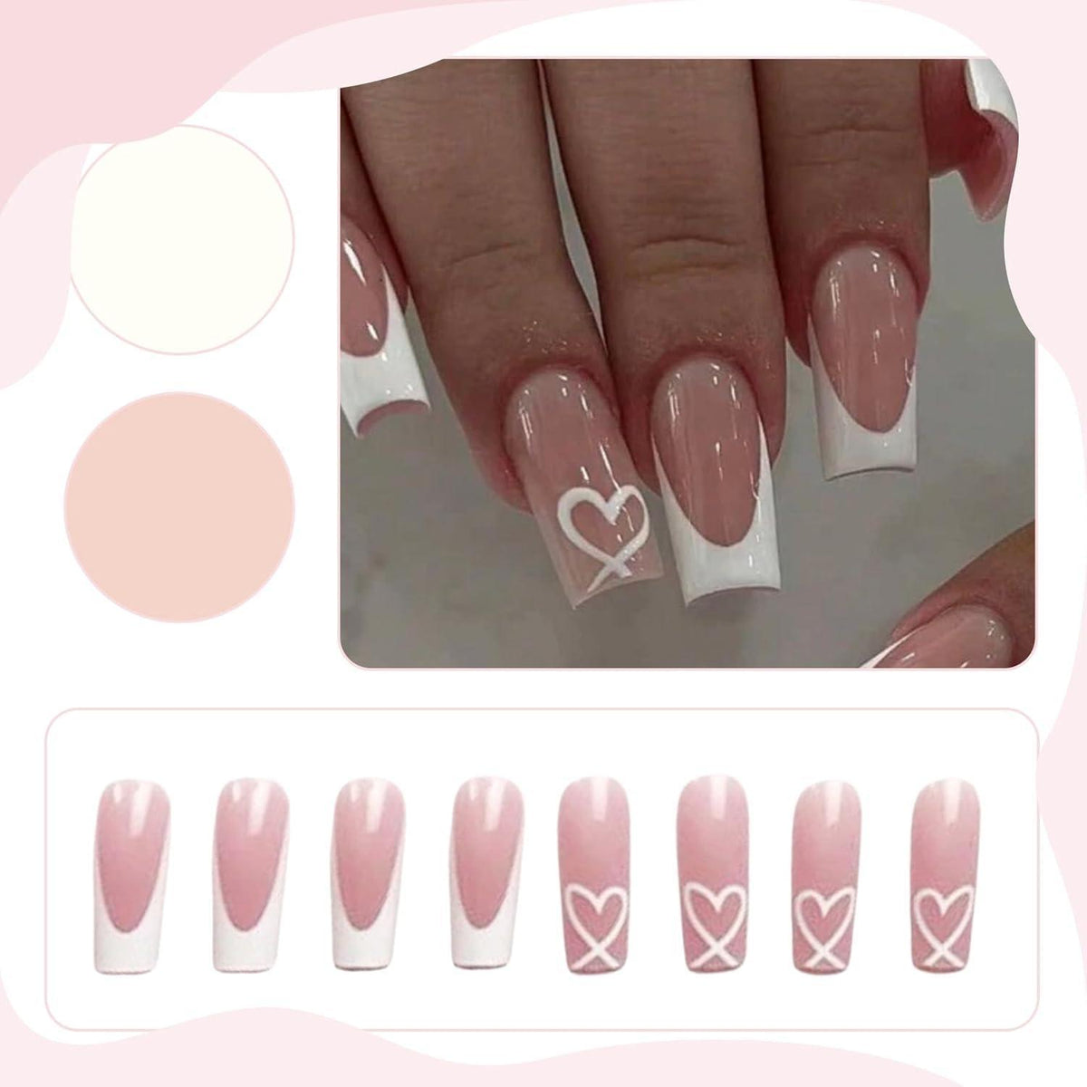 Weiße French Tip Press On Nägel mit Herz - Sarg Design Mittel
