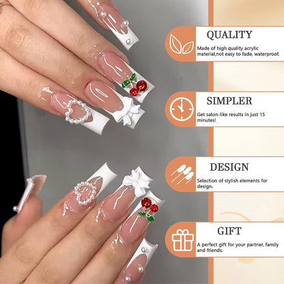 3D Kirschen-Schleife Falsche Nägel | Weiße Französische Spitze | Extra Lange Quadratische Press on Nails