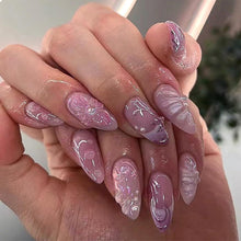 3D Handverarbeitete Falsche Nägel Mandelförmig Pink Blumen Perl - 24