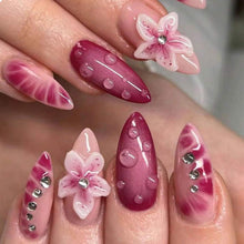 24er Set Mandel Press on Nails 3D Blume Wassertropf Design Stiletto