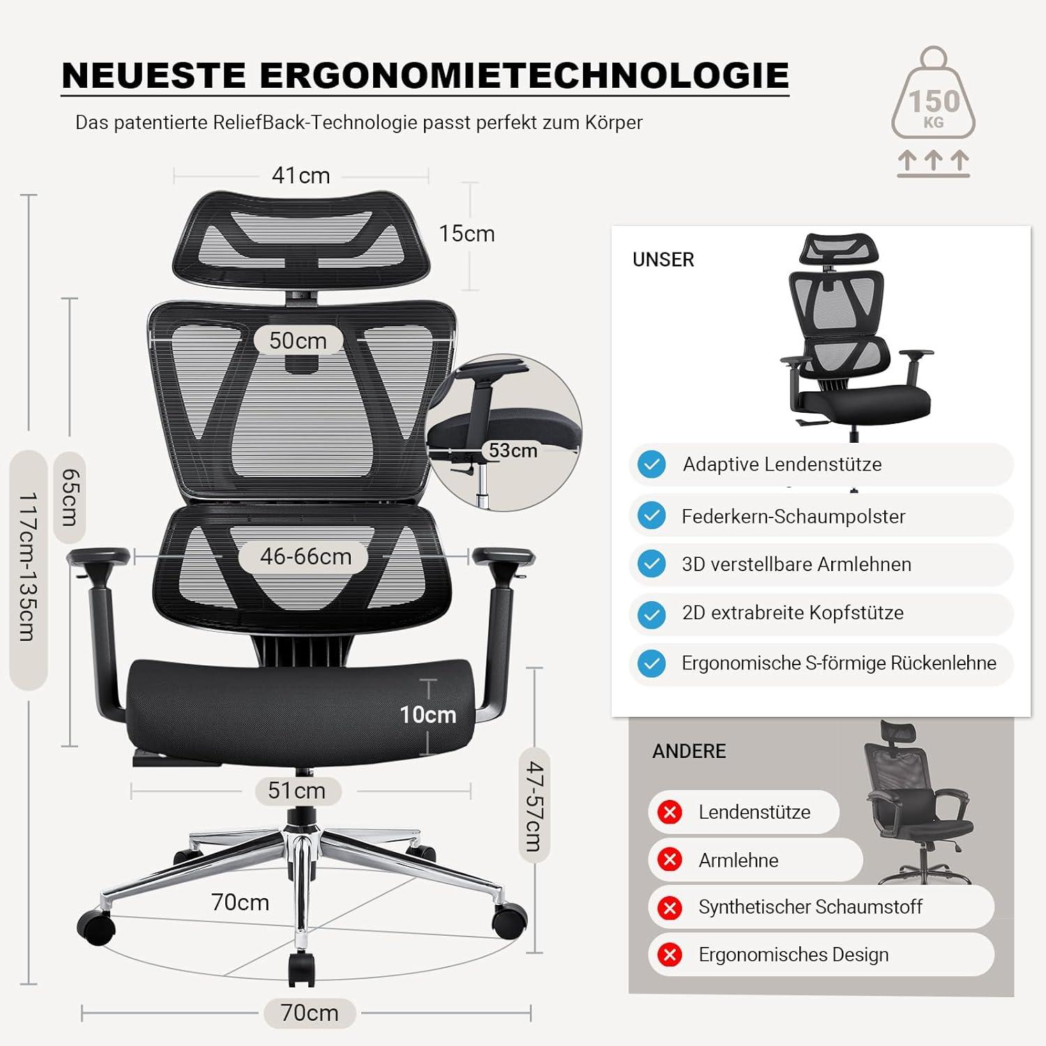 Ergonomischer Bürostuhl 150kg Dynamische Lordosenstütze