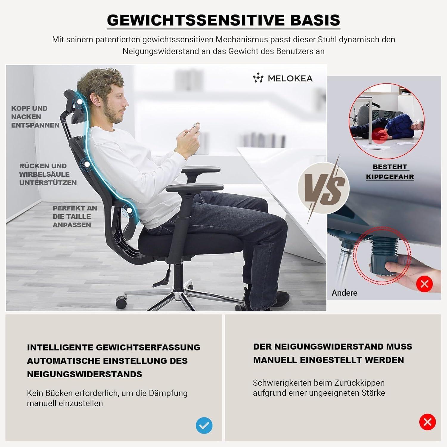 Ergonomischer Bürostuhl 150kg mit Dynamischer Lordosenstütze & Großer