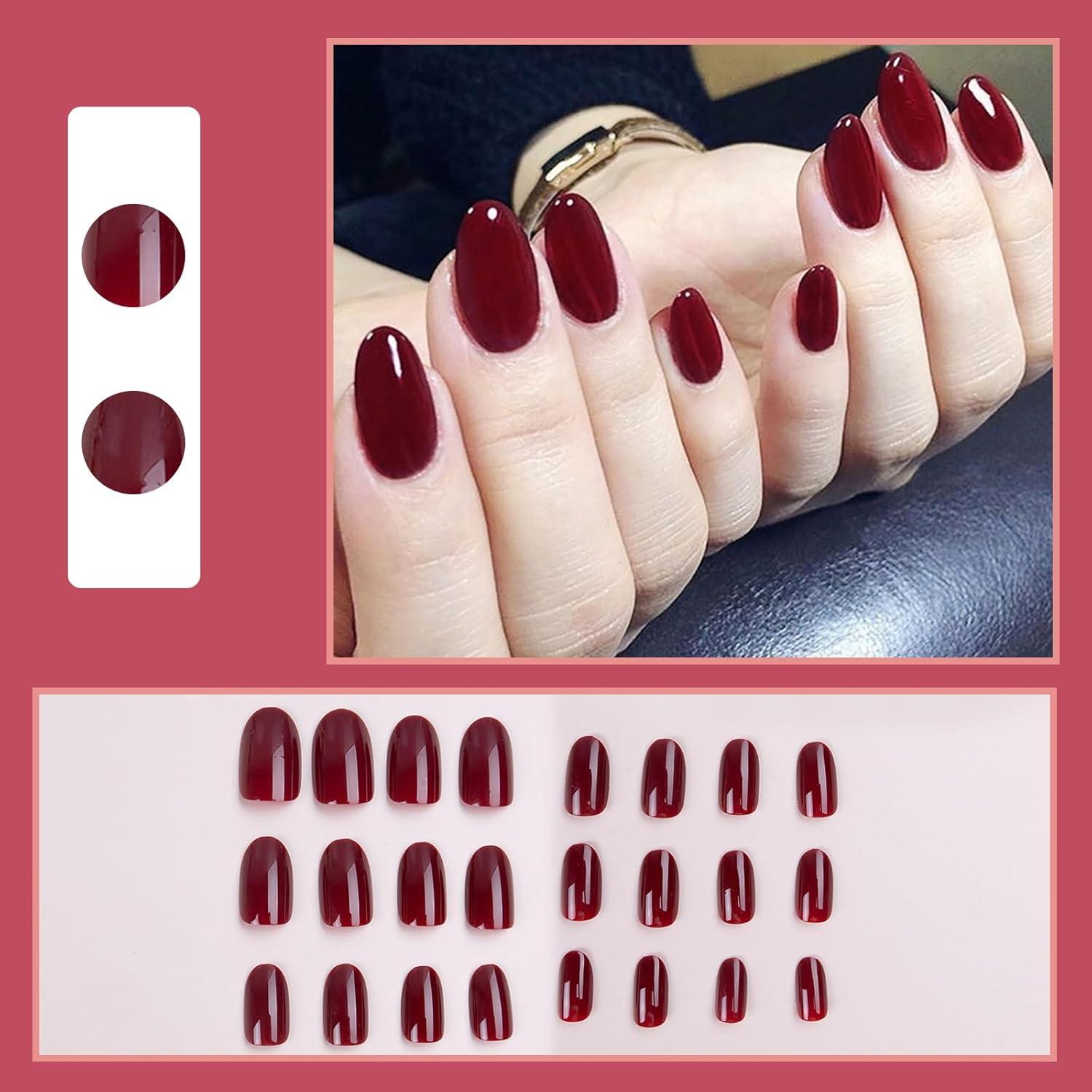 24 Kurze Weinrot Glossy Acryl Nägel - Künstliche Nägel