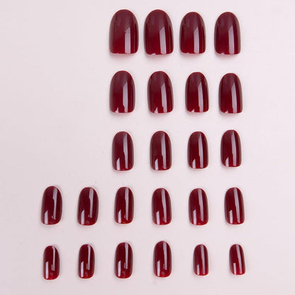 24 Stück Wine Red Press on Nails Kurz Glossy Full Cover selbstklebende Kunst Nägel
