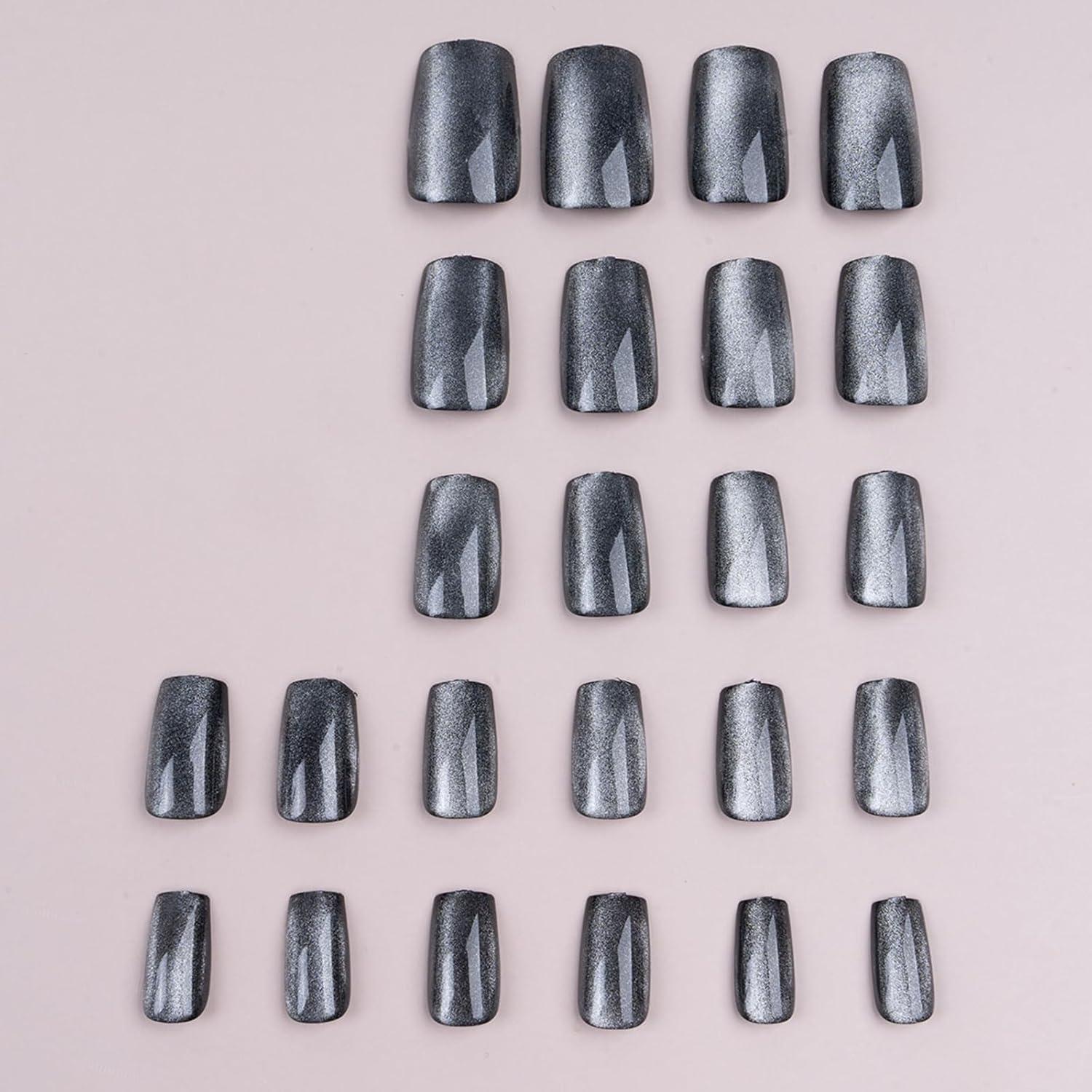 24 Stück French Press on Nails, Eckig Kurz Schwarz Katzenauge Nägel, Glänzend Natürliche Acryl Fingernägel für Frauen