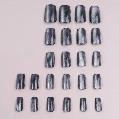 24 Stück French Press on Nails, Eckig Kurz Schwarz Katzenauge Nägel, Glänzend Natürliche Acryl Fingernägel für Frauen