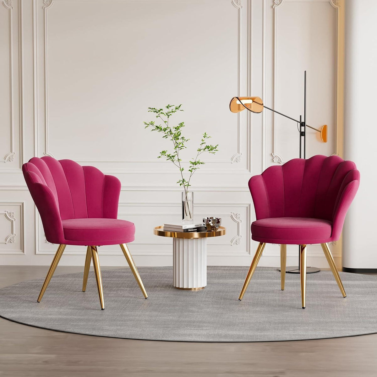 Samt Esszimmerstuhl mit Muschelsitz & Goldbeinen Rot
