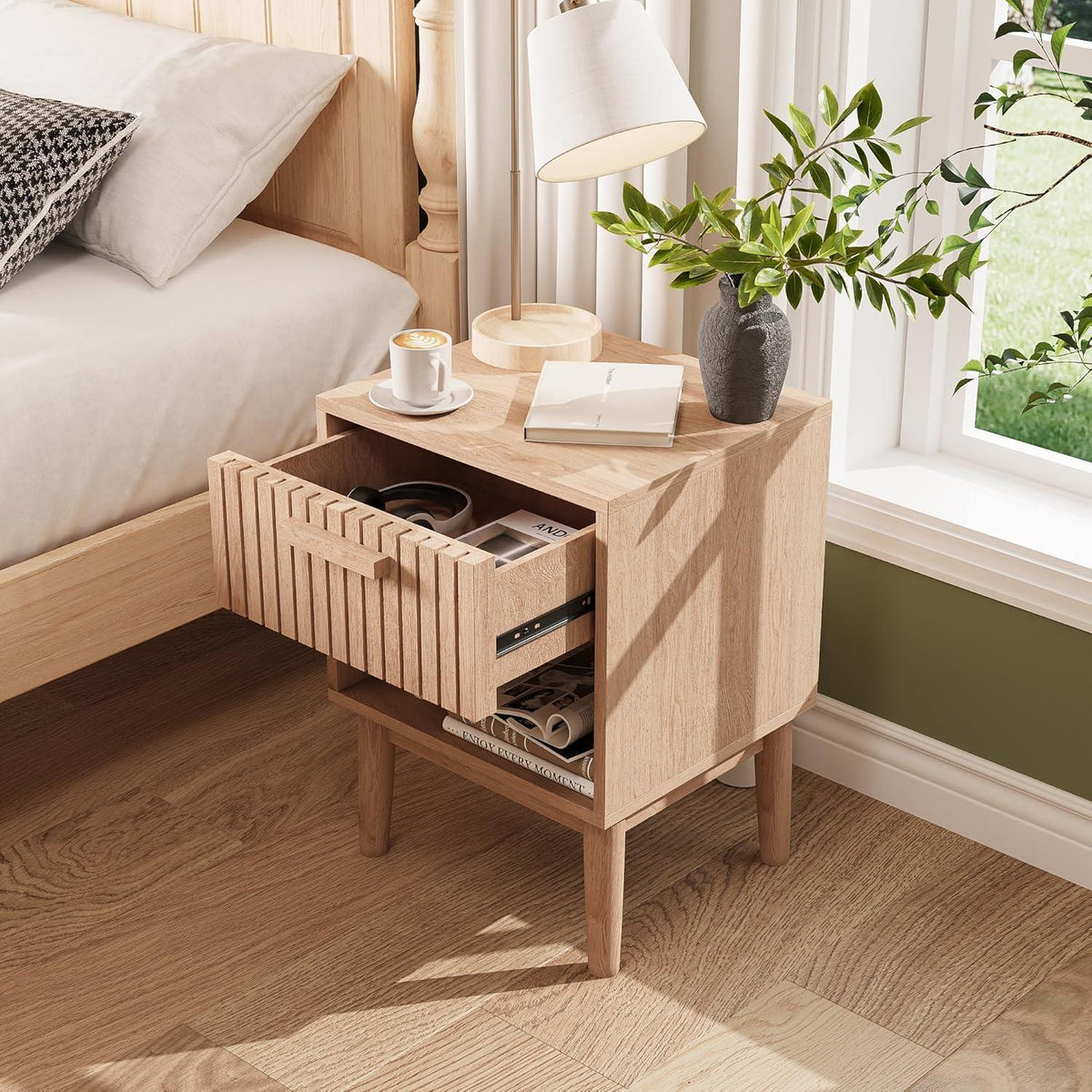 Nachtschrank 2er Set Boho Holz Natur mit Schublade