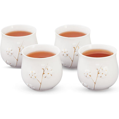 Japanisches Teetassen-Set 4er Pack, Weiße Porzellan Pflaume Gold