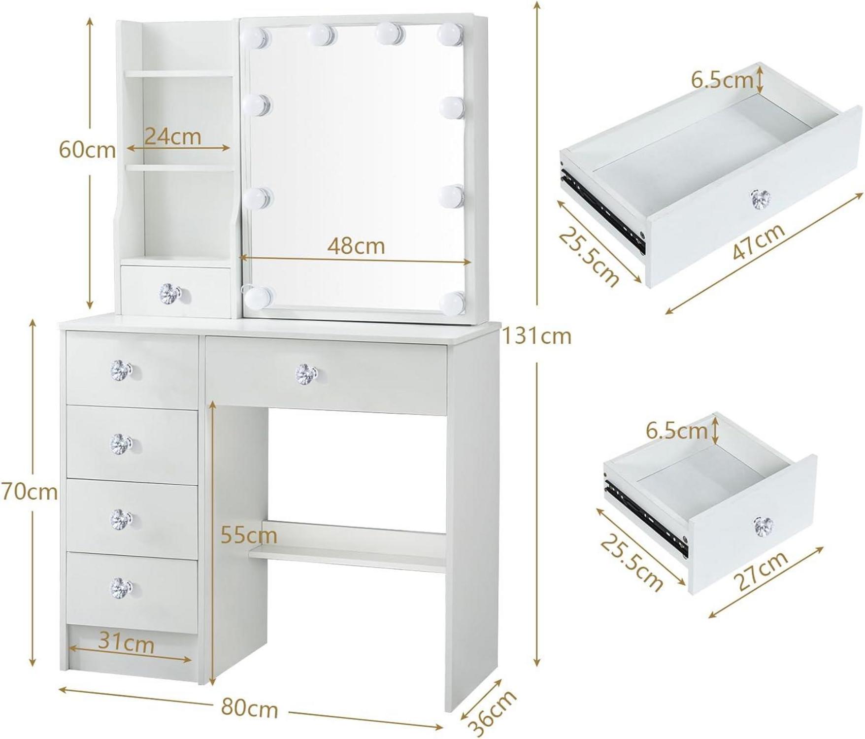 Schminktisch mit Spiegel und Hocker, Kosmetiktisch 6 Schubladen
