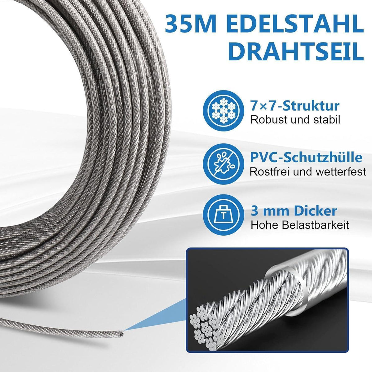 Stahlseil Set 35m mit Spannern & Haken für Rankhilfe, Wäscheleine, Sonnensegel