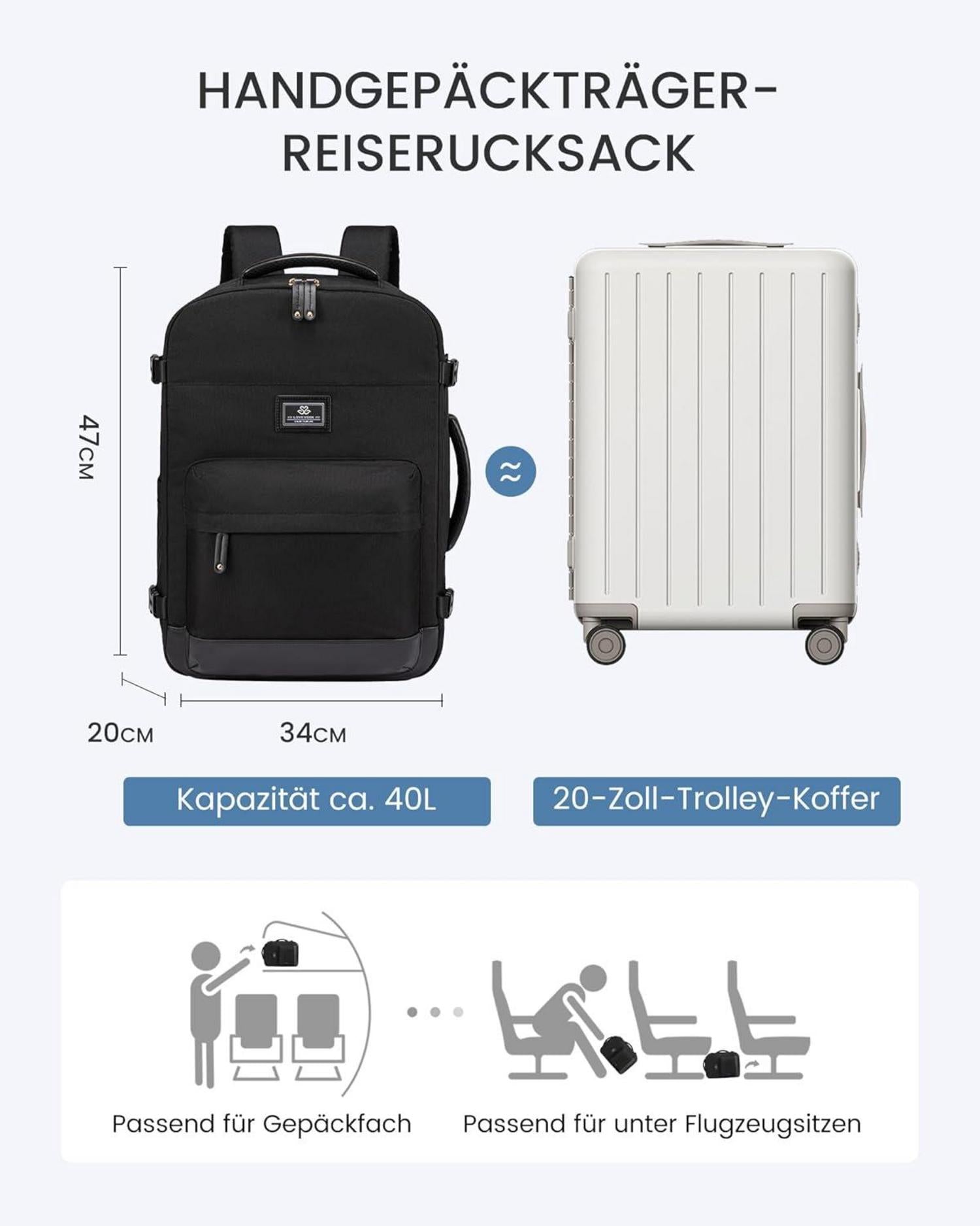 Handgepäck Rucksack 40L Reiserucksack 17,3 Zoll Laptop Schwarz