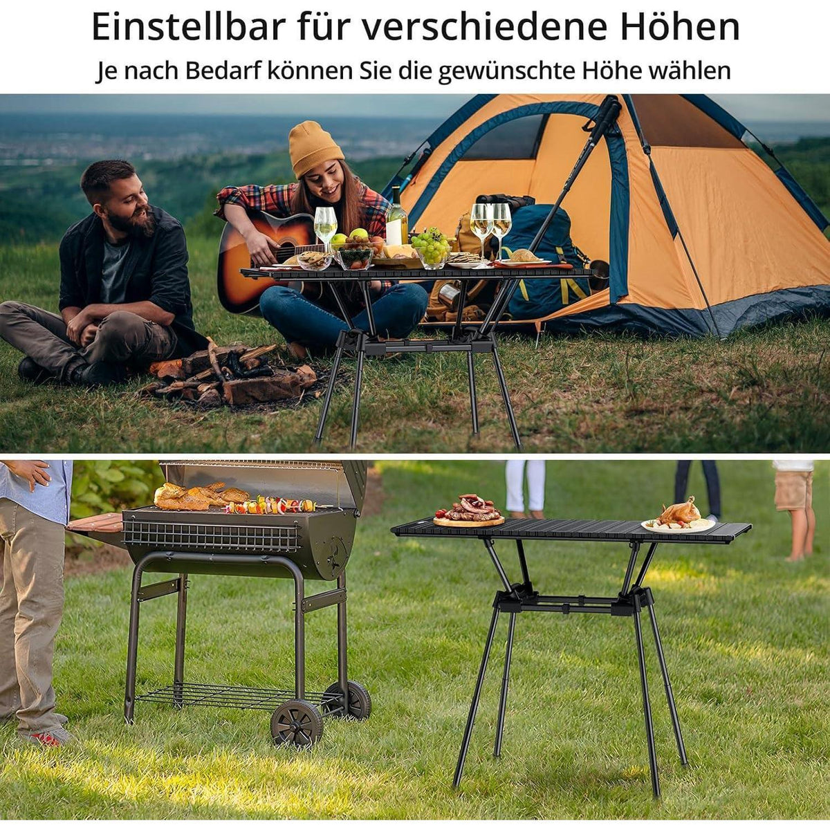Aluminium Campingtisch klappbar, 4 Höhen, 88x40cm, Schwarz