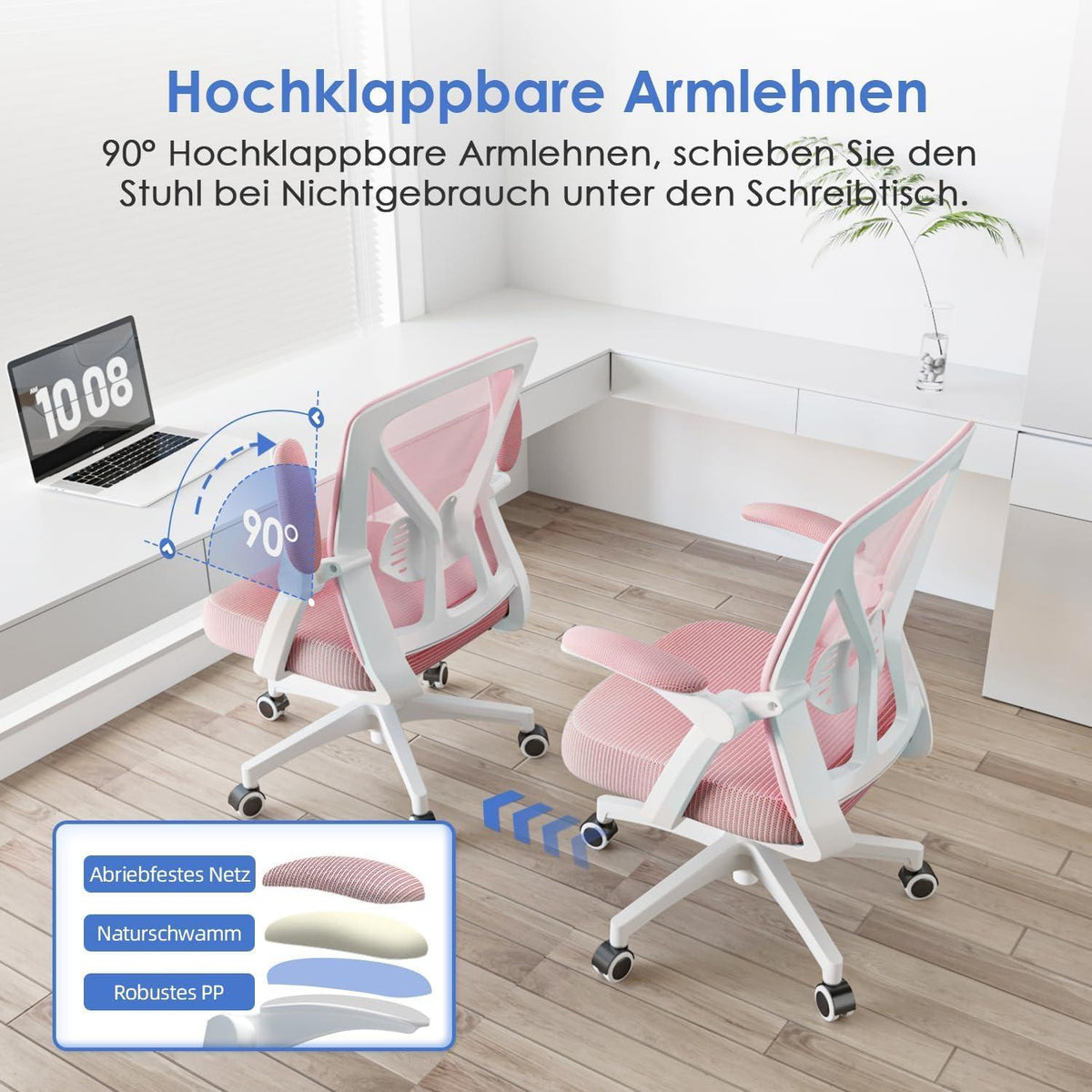 Ergonomischer Bürostuhl Schwarz, Höhenverstellbar, Lendenwirbelstütze, klappbare