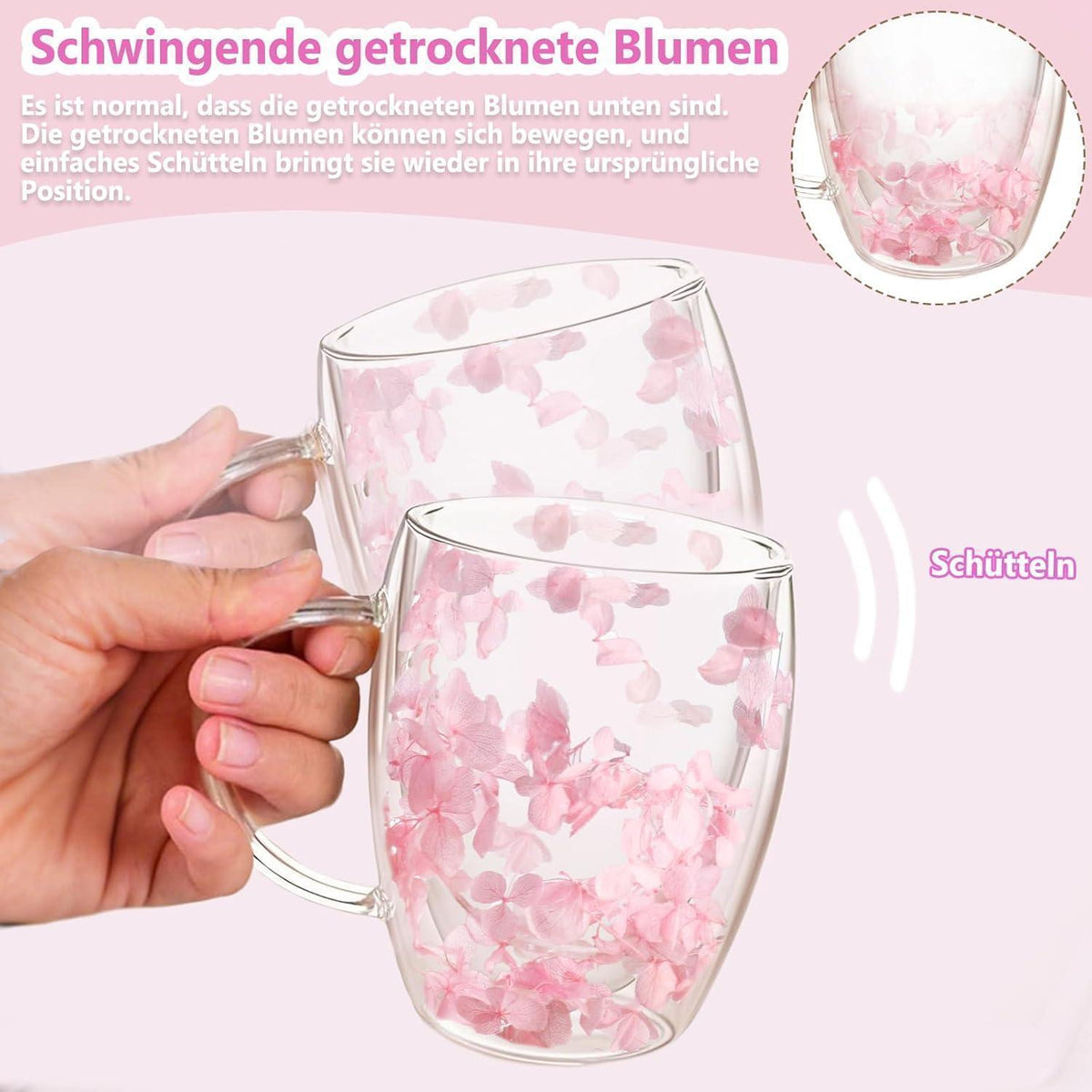 Doppelwandige Kaffeetasse mit getrockneten Blumen - Rosa Teetasse mit Griff