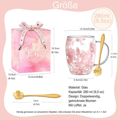 Doppelwandige Kaffeetasse mit getrockneten Blumen - Rosa Teetasse mit Griff