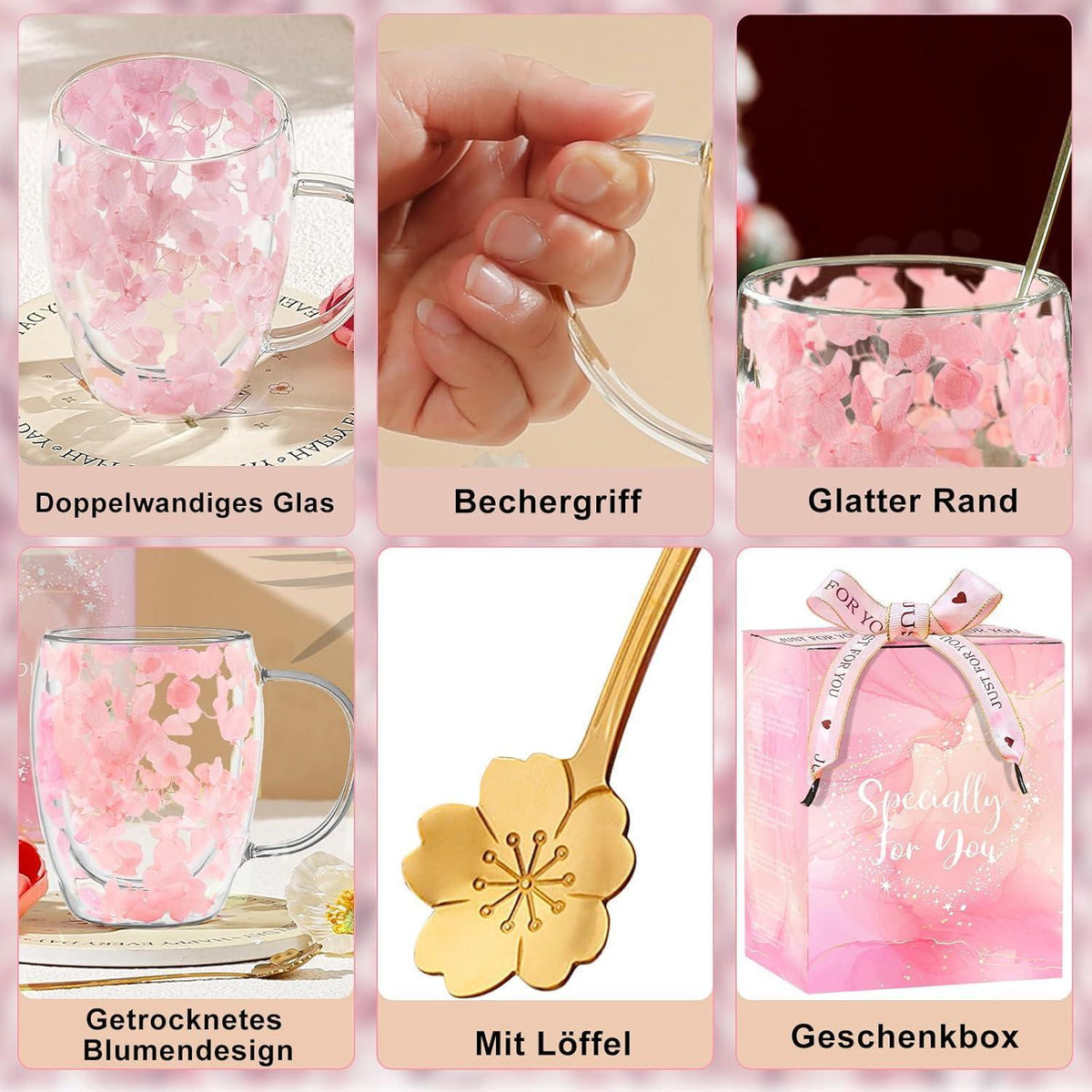 Doppelwandige Kaffeetasse mit getrockneten Blumen - Rosa Teetasse mit Griff