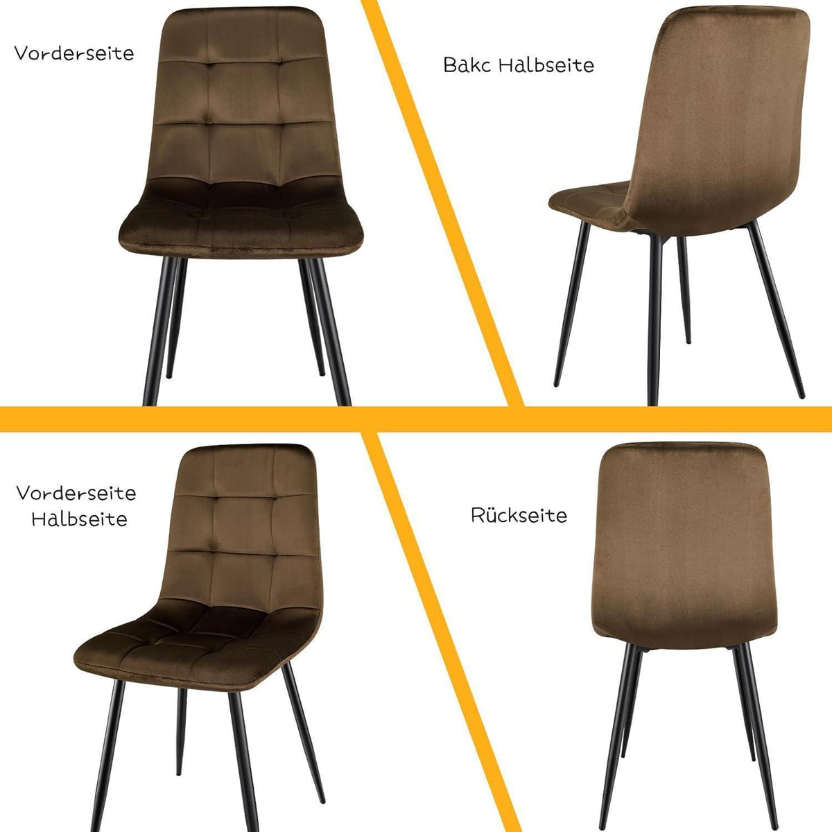 Gepolsterte Esszimmerstühle 4er Set, Samt & Metallfuß Braun