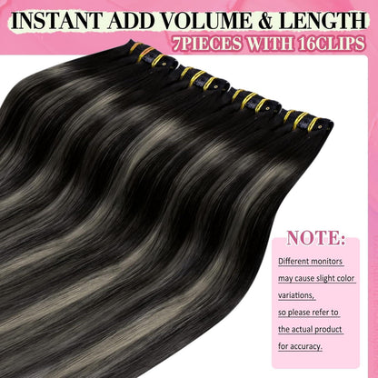 Clip-in Echthaar Extensions Ombre Schwarz Silber 40cm