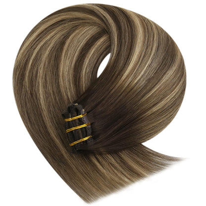 Echthaar Clip-in Extensions Ombre Dunkelbraun Aschblond 55cm