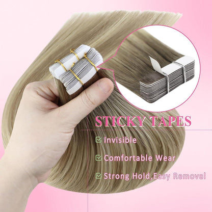 Echthaar Tape Extensions Ombre Blond Platinblond 40cm