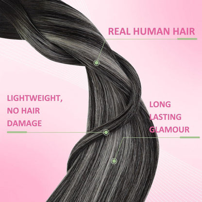 Echthaar Tape Extensions Ombre Schwarz Silber 45cm
