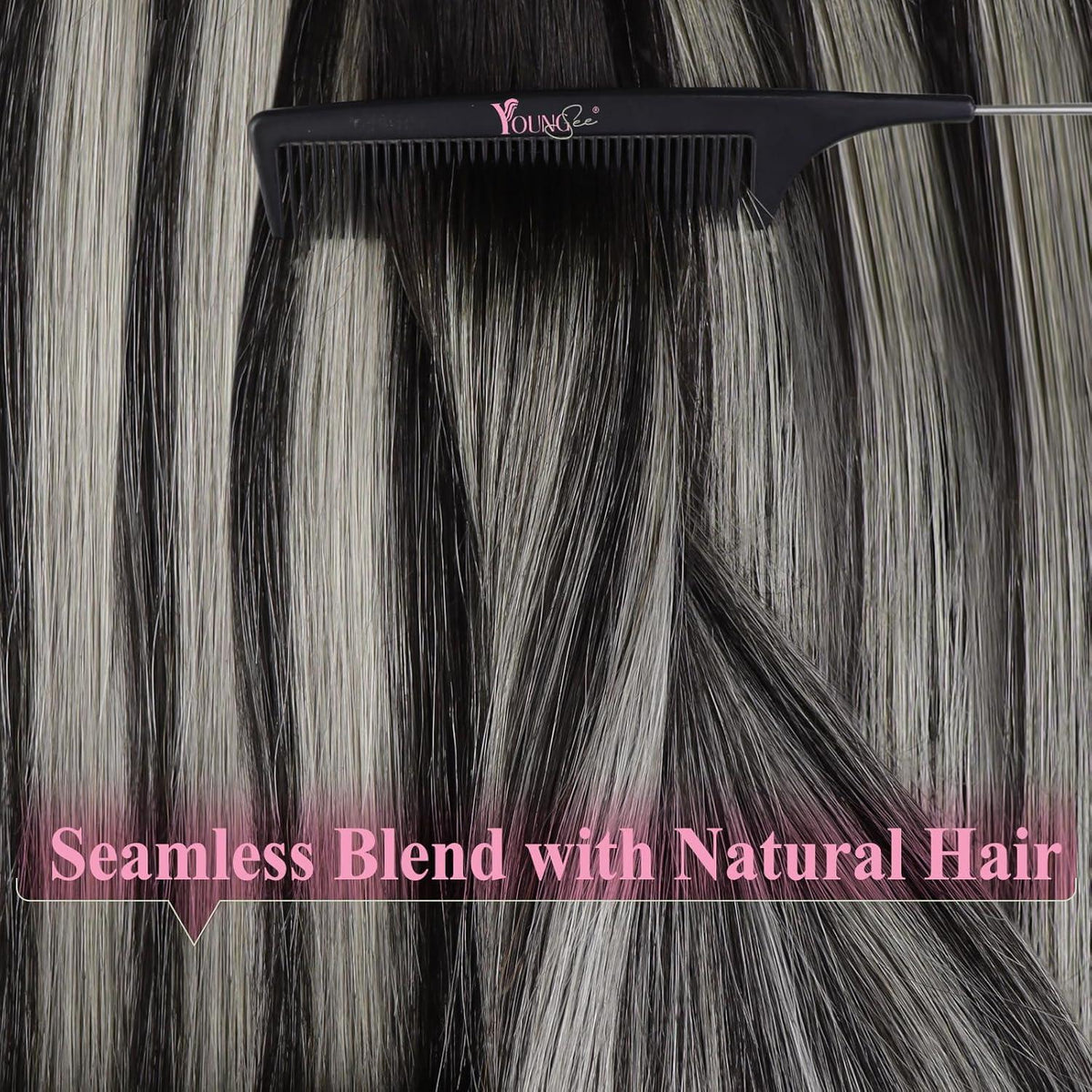 Echthaar Tape Extensions Ombre Schwarz Silber 45cm