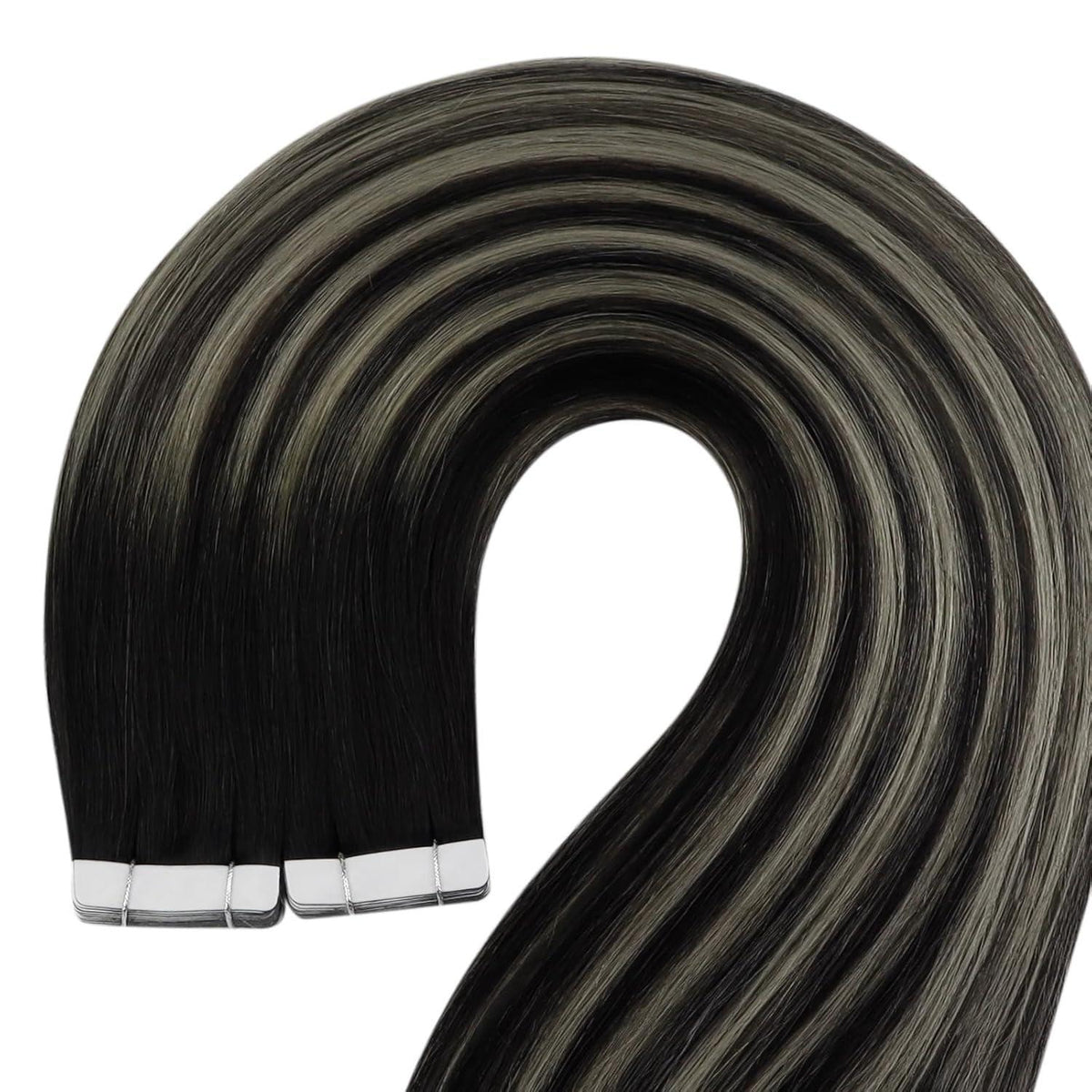 Echthaar Tape Extensions Ombre Schwarz Silber 45cm
