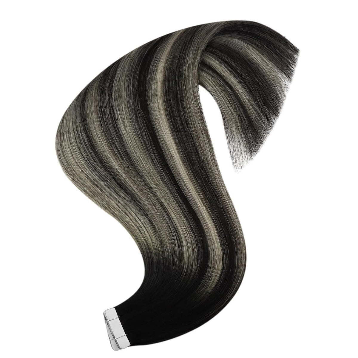 Echthaar Tape Extensions Ombre Schwarz Silber 45cm