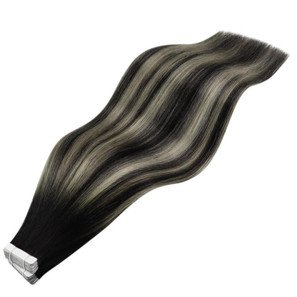 Echthaar Tape Extensions Ombre Schwarz Silber 45cm