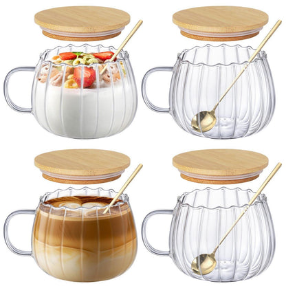 4er Set Cappuccino Tassen mit Deckel & Löffel - Kürbisglas 450ml