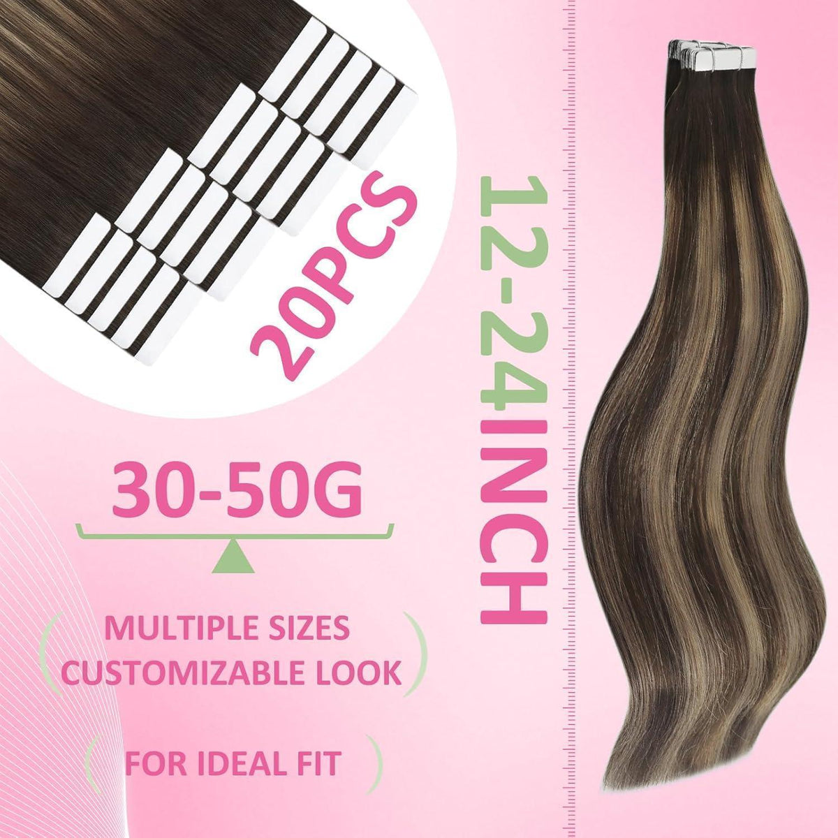 Echthaar Tape-in Extensions Ombre Braun Balayage Blond 40cm