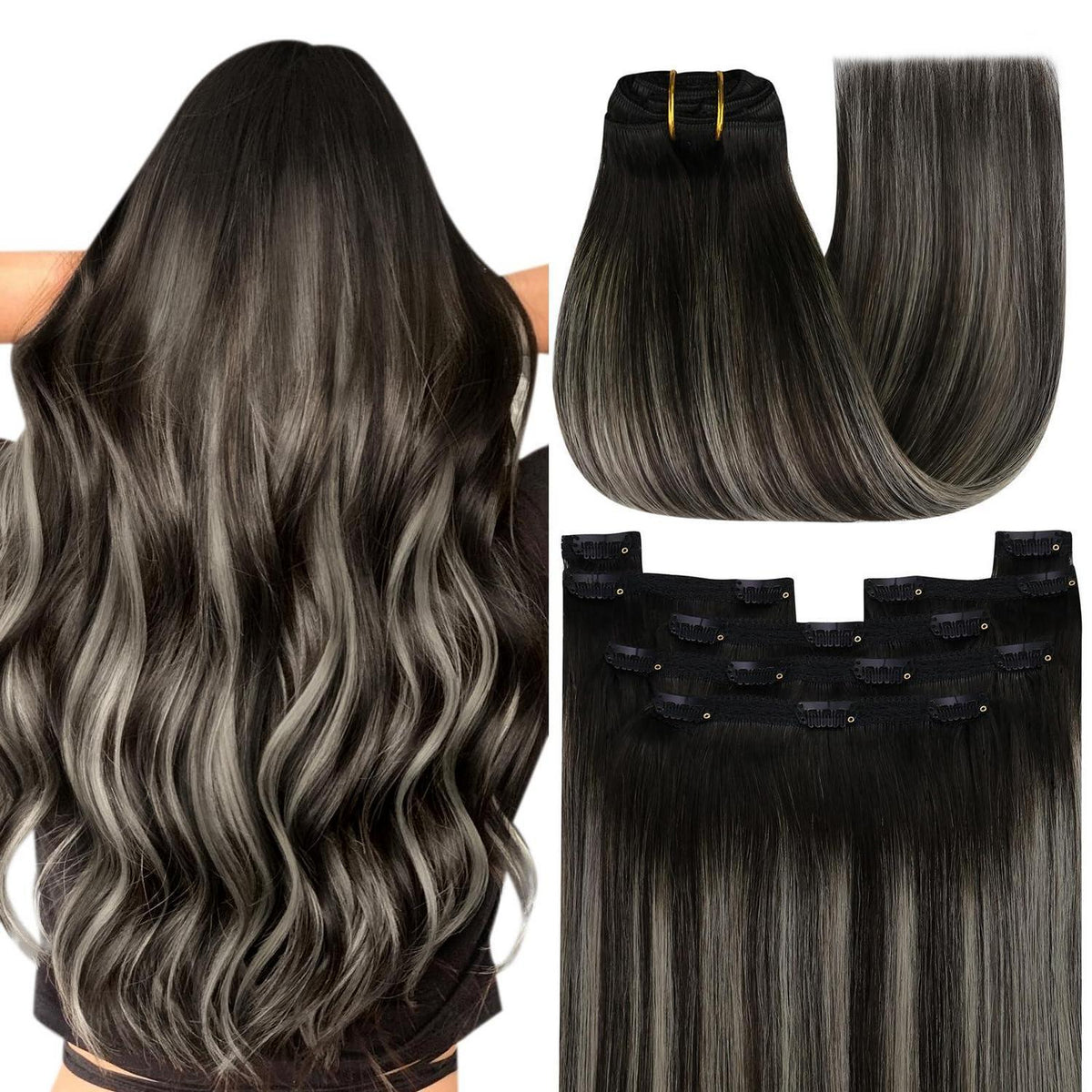 Silberne Clip-in Haarverlängerung 45cm Echthaar Ombre