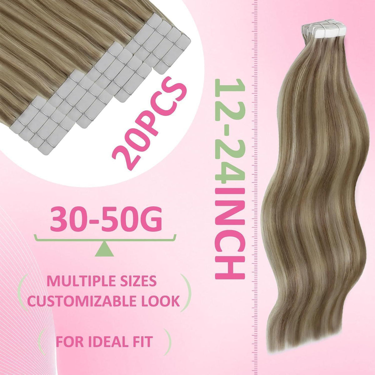 Echthaar Tape Extensions Hellbraun 45cm - Haarverlängerung