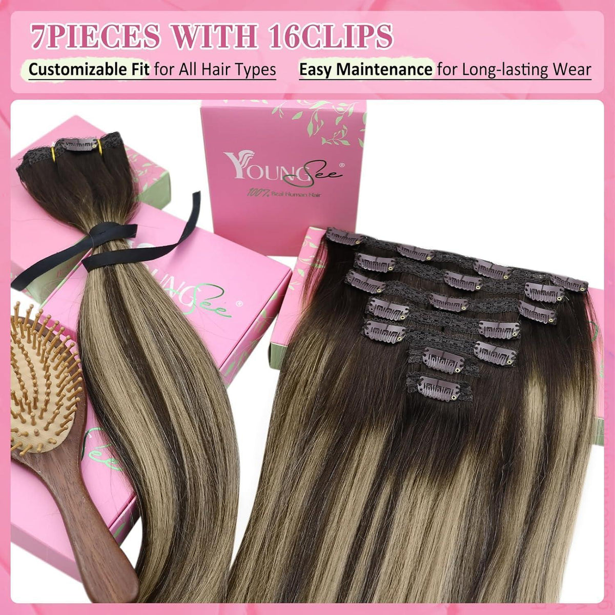 Clip-in Echthaar Extensions Ombre Dunkelbraun-Aschblond 45cm