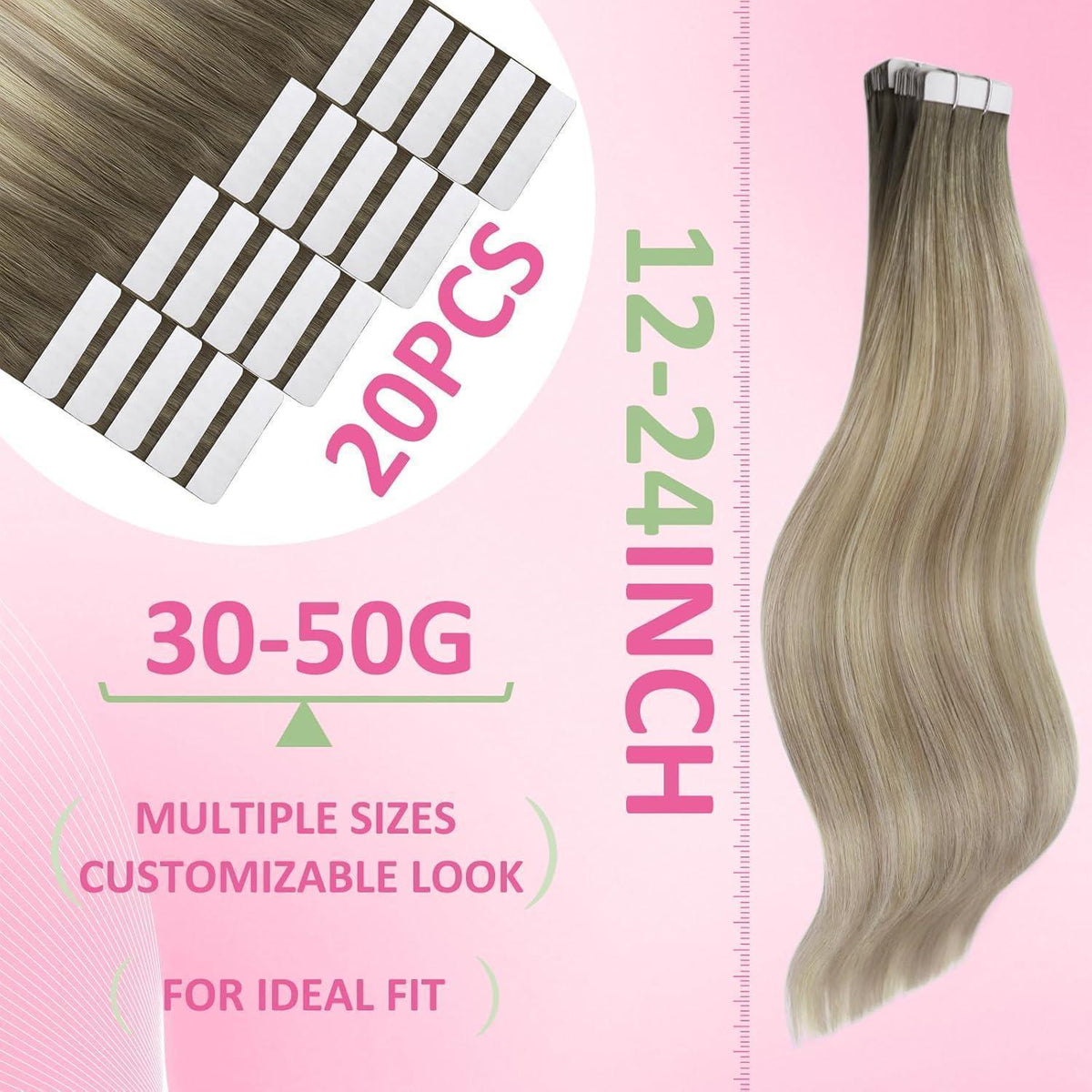 Echthaar Tape Extensions Blond 60cm – Aschblond Ombre