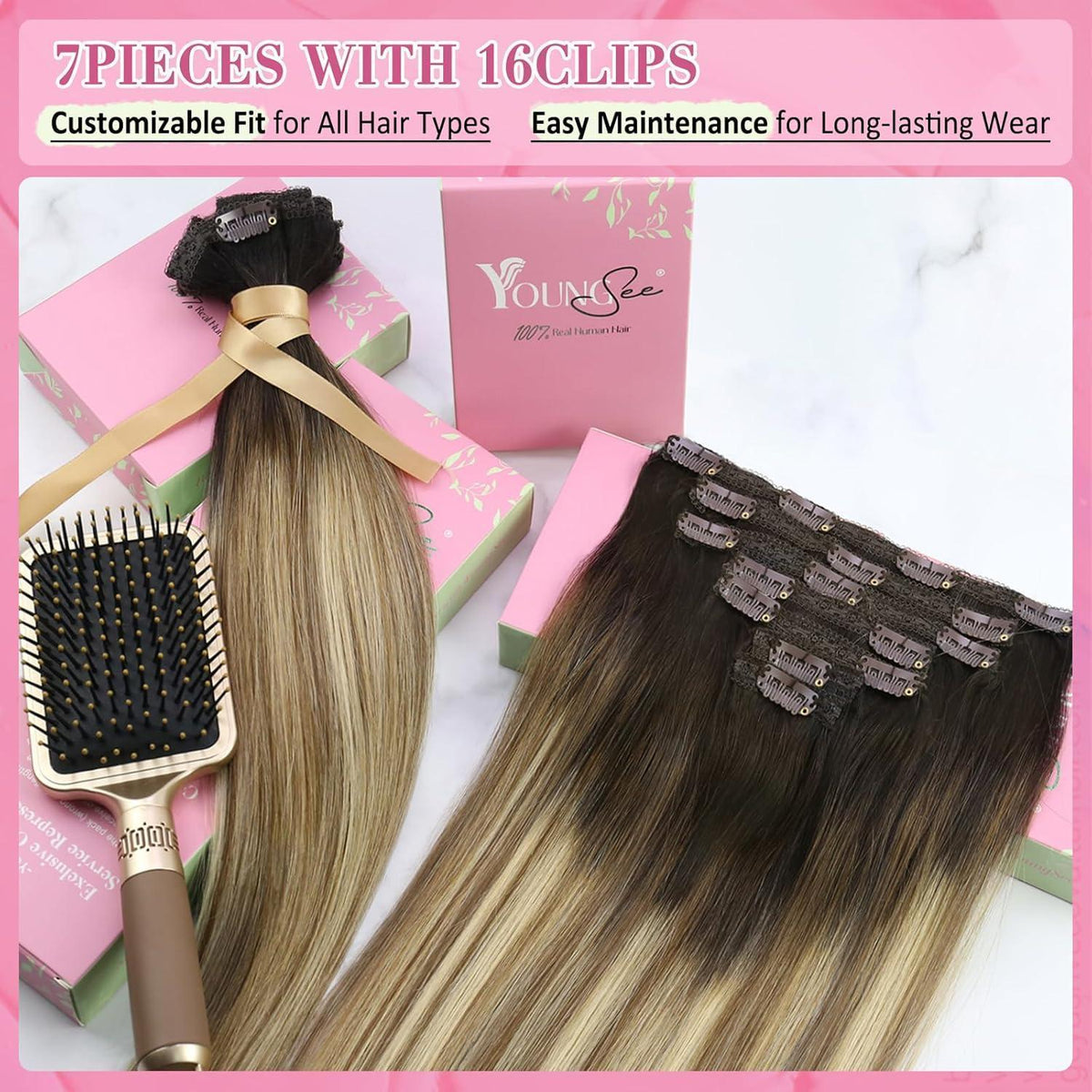 Clip-in Echthaar Extensions Braun Balayage Blond 50cm